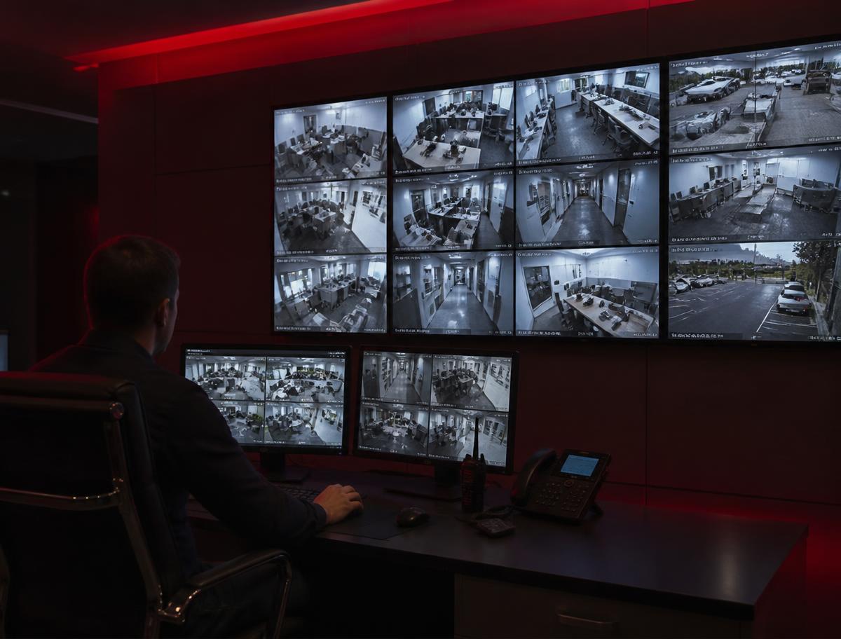 CCTV control room with a wall of monitors showing live surveillance feeds