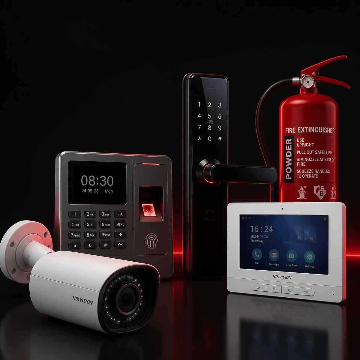 CCTV camera, biometric attendance device, digital lock, intercom panel and fire extinguisher security products